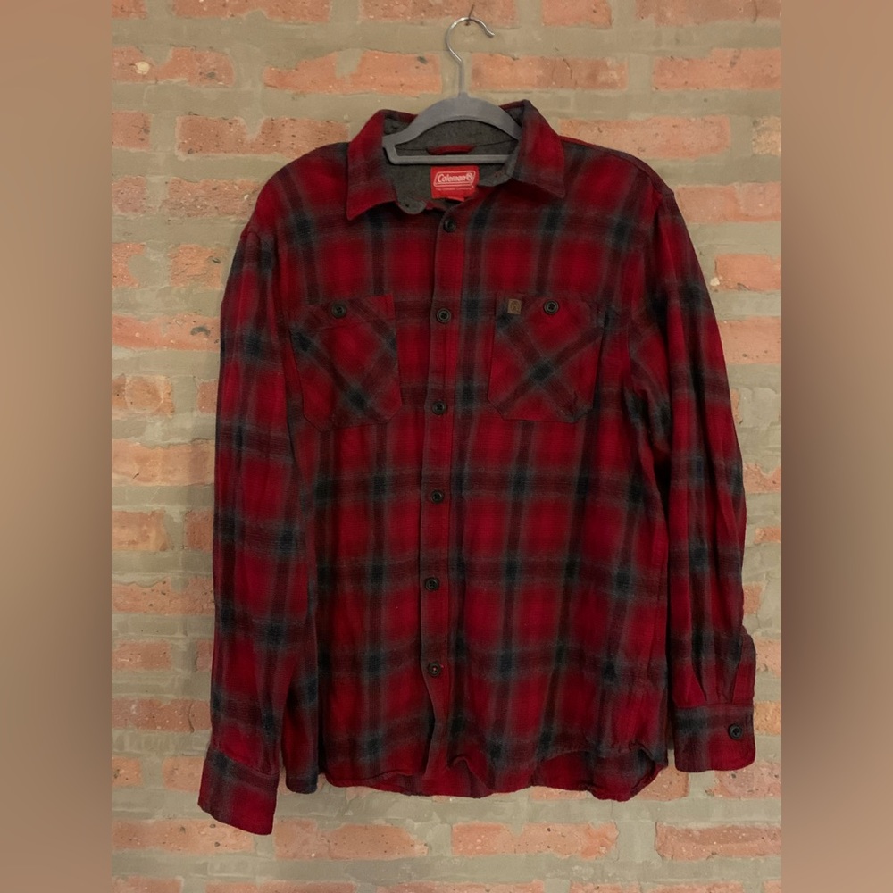 Coleman red long sleeved flannel camping fishing L